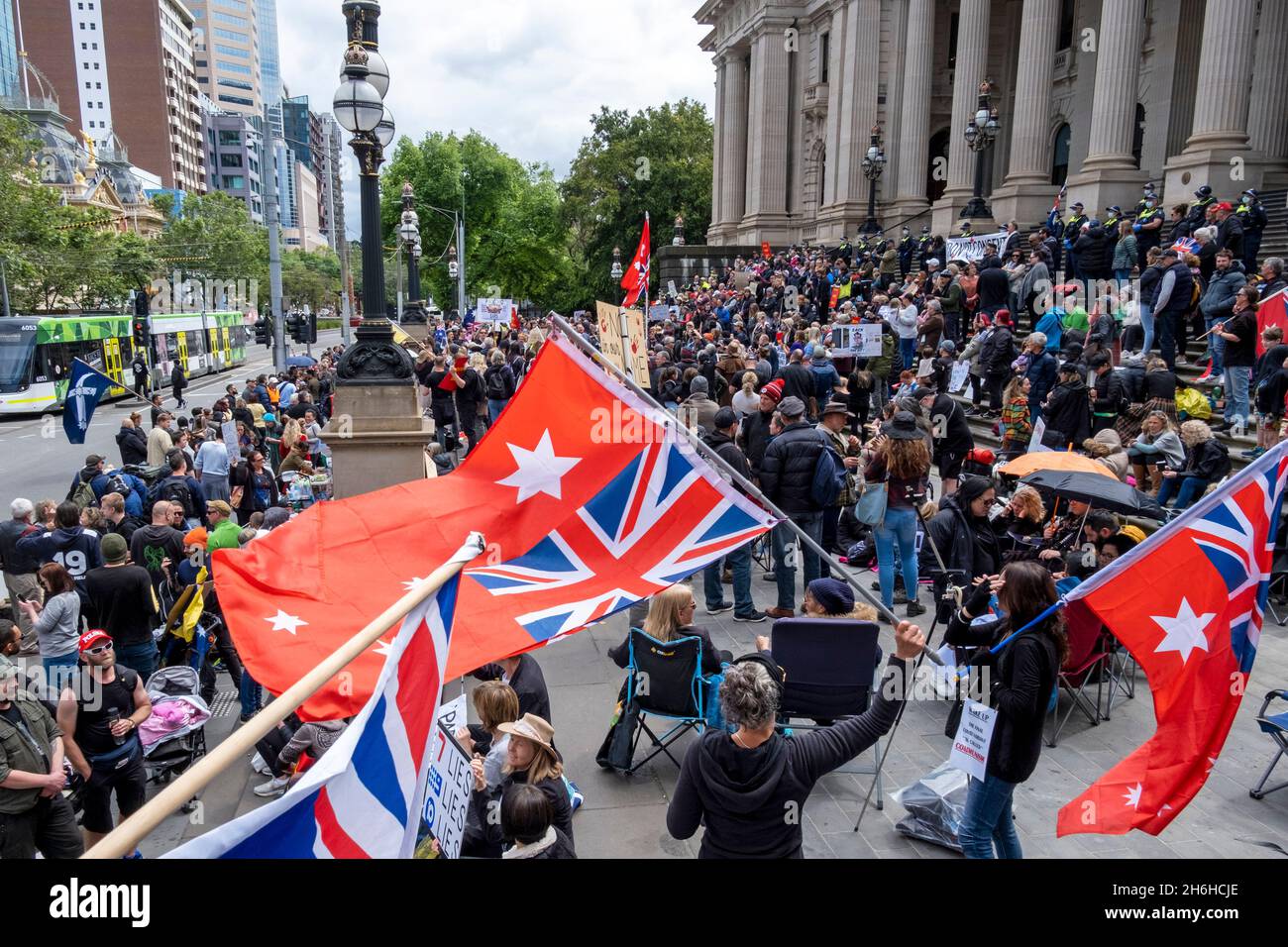 Protestors in front of parliament house, complain about the government's proposed pandemic laws. Melbourne, Victoria Australia Stock Photo