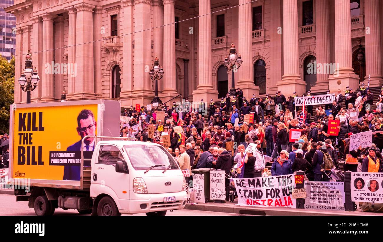 Protestors in front of parliament house, complain about the government's proposed pandemic laws. Melbourne, Victoria Australia Stock Photo