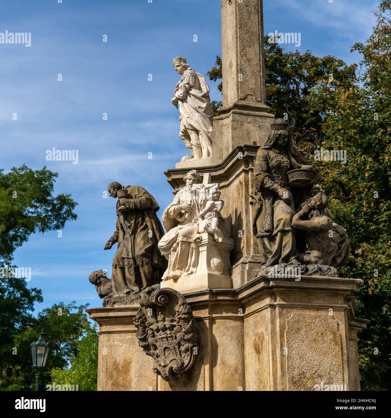 Prague, Czechia - 23 September, 2021: detail view of the Marian Column ...