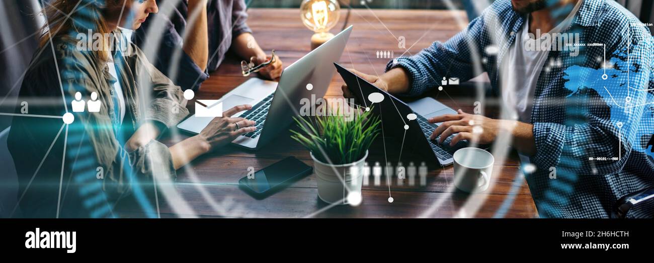 Group of modern business people working together on a project ...
