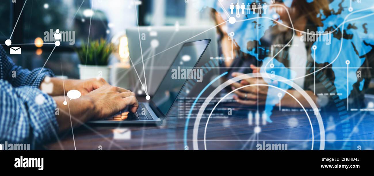 Closeup photo of male hands with laptop. Man working remotely at home