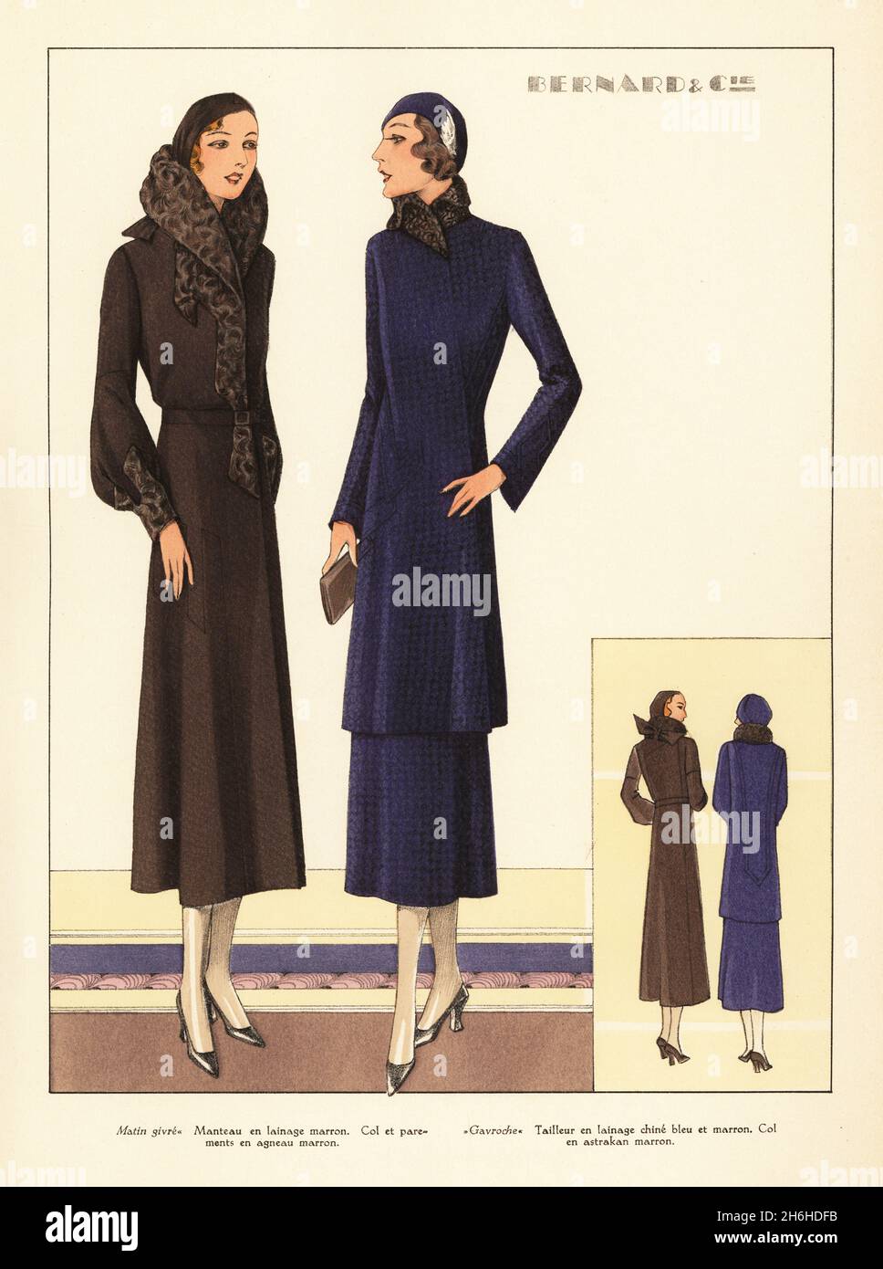 Woman in coat of chestnut wool with lambswool collar. Woman in suit of China blue and brown wool, with Astrakhan collar. Both in berets and Marcel wave bob hairstyles. Fashion designs by Bernard et Cie. Handcoloured pochoir lithograph from La Grande Couture, Creations pour la Femme Mondaine, Atelier Bachwitz, publisher of Chic Parisien, Vienna, September, 1931. Stock Photo