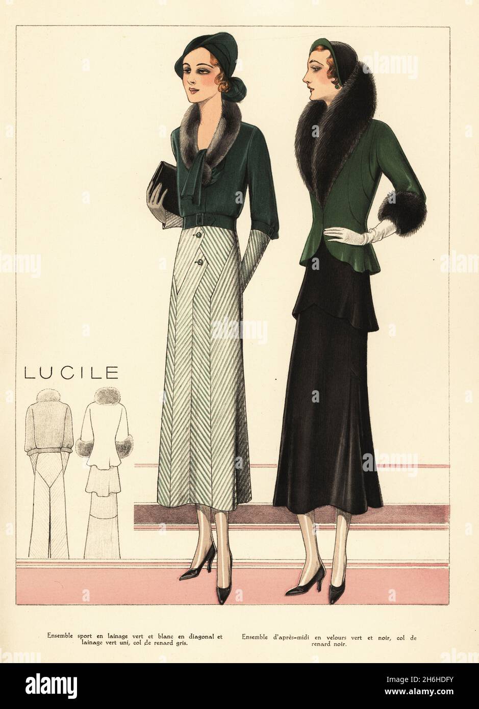 Woman in sport outfit in green-and-white diagonal skirt, plain green wool jacket with grey fox collar. Afternoon suit in green and black velvet, black fox collar. Marcel wave bob hairstyles. Fashions by Lucile, maison founded by Lucy Christiana, Lady Duff-Gordon. Handcoloured pochoir lithograph from La Grande Couture, Creations pour la Femme Mondaine, Atelier Bachwitz, publisher of Chic Parisien, Vienna, September, 1931. Stock Photo
