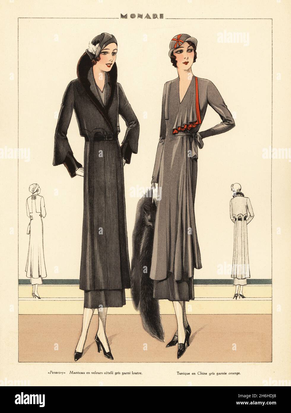 Woman in Pensez-y velvet corduroy coat trimmed with otter. fur Woman in  tunic of grey crepe de Chine trimmed with orange. Marcel wave bob  hairstyles and cloche hats. Fashion designs by Monari.