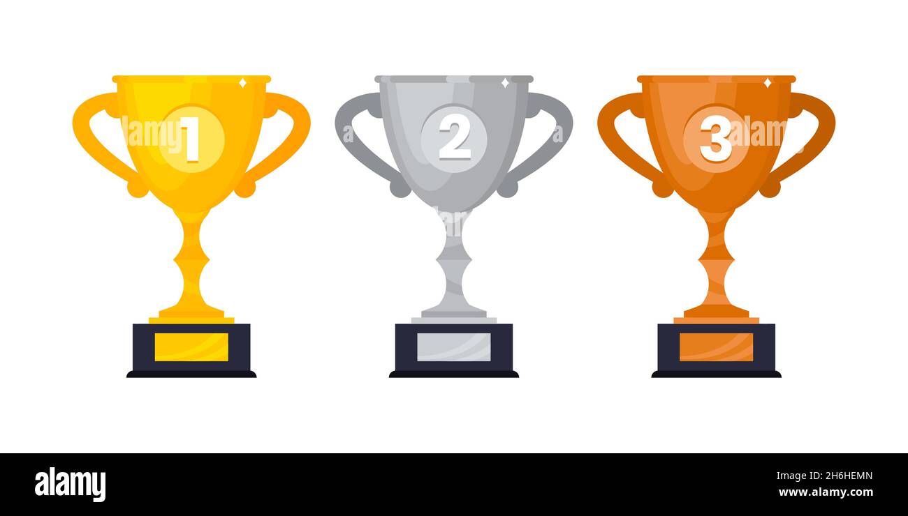Gold, silver and bronze award trophy goblet cup icon sign flat style