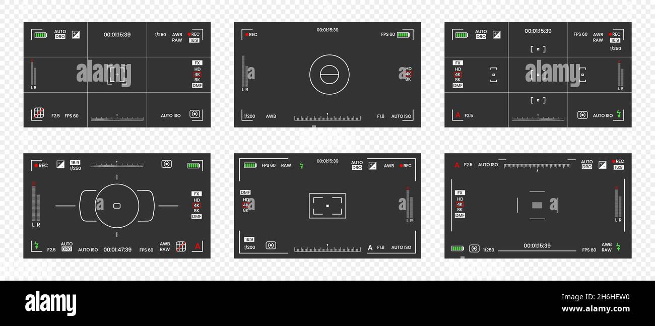 Camera viewfinder video or photo frame recorder flat style design vector illustration set. Stock Vector