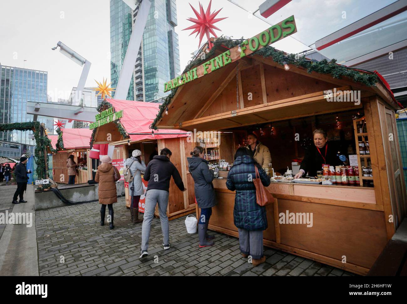 Vancouver, British Columbia. 15th Nov, 2021. People visit the Vancouver  Christmas Market at Jack Poole Plaza in Vancouver, British Columbia, Nov.  15, 2021. Postponed in 2020 due to the COVID-19 pandemic, the