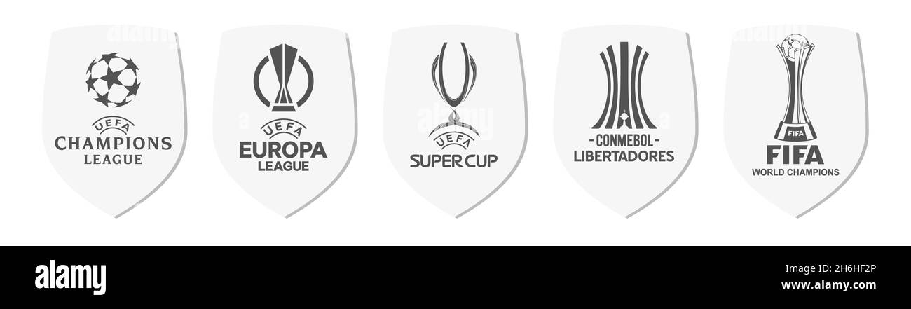 Shield icon of the most famous soccer tournaments for clubs, Uefa Champions League, Europa League, Uefa Super Cup, Conmebol Libertadores, Fifa world c Stock Vector