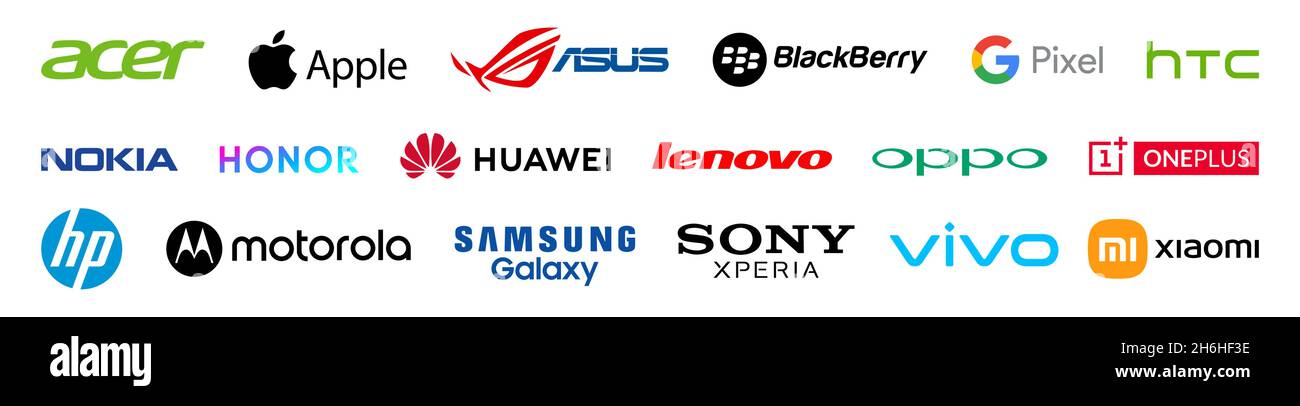 Top producers smartphone companies brand. Acer, Apple, Asus, BlackBerry, Google, HTC, Nokia, Honor, Huawei, Lenovo, Oppo, OnePLus, Hp, Motorola, Samsu Stock Vector