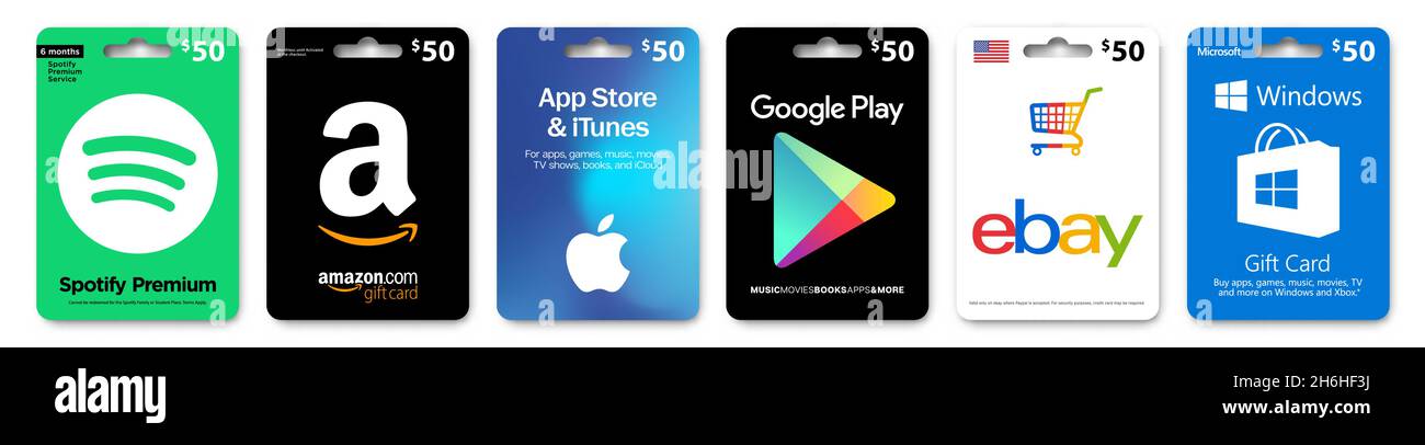 Set of gift card Spotify, Amazon, Apple Store, Google Play, Ebay, Windows, Realistic effect isolated on white background. in vector format Stock Vector