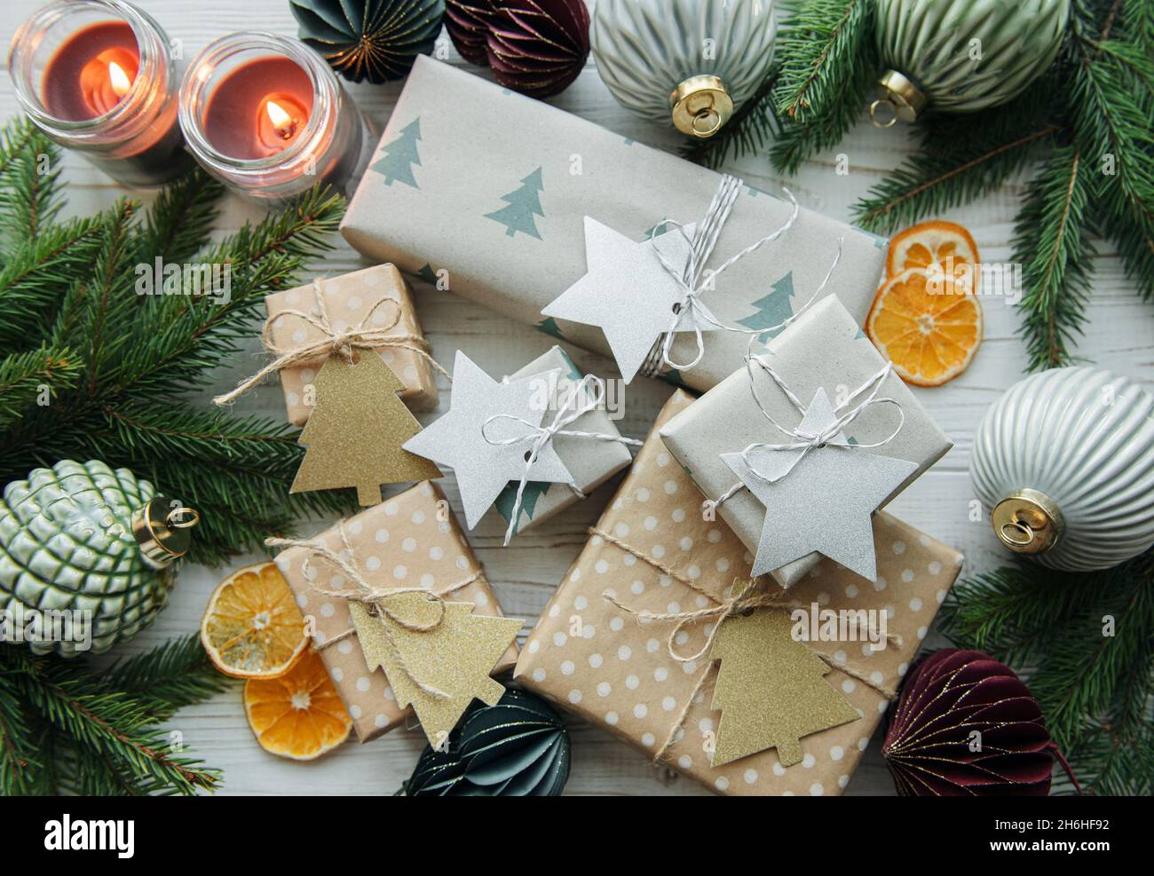 Christmas decorative homemade gift boxes wrapped in brown kraft paper ...