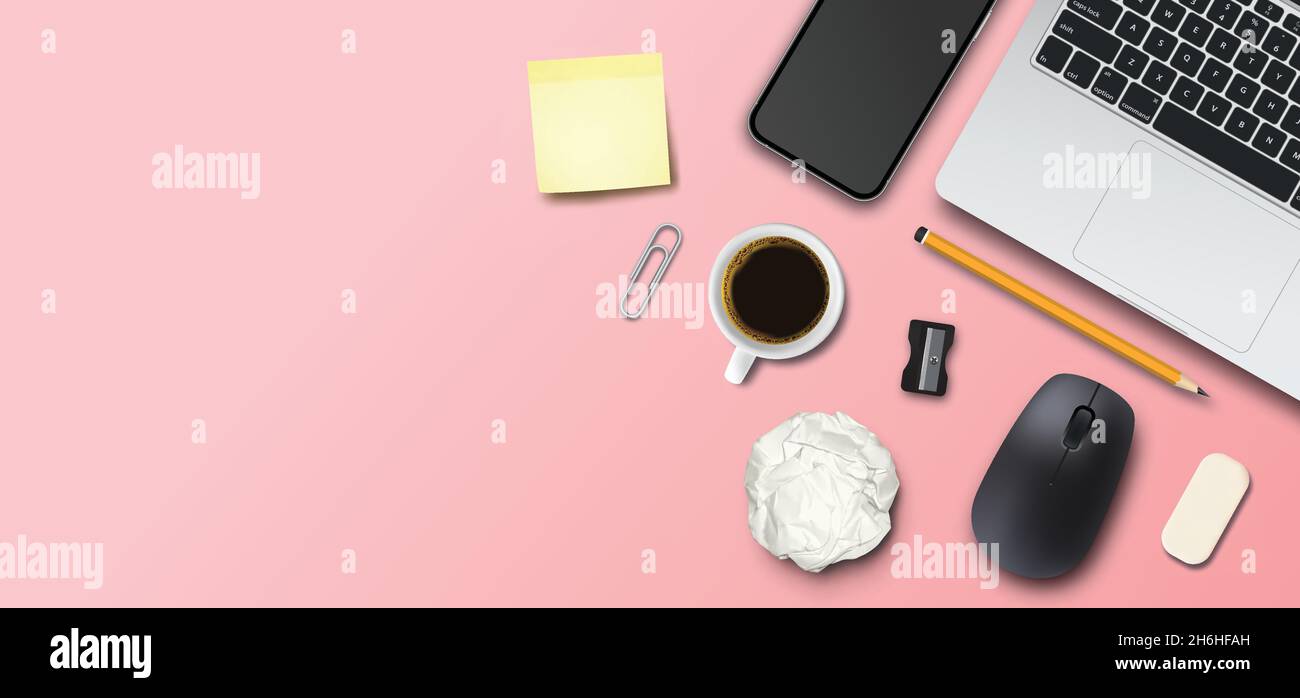 Workspace work desk mockup, realistic  design, on pink background, in vector format Stock Vector