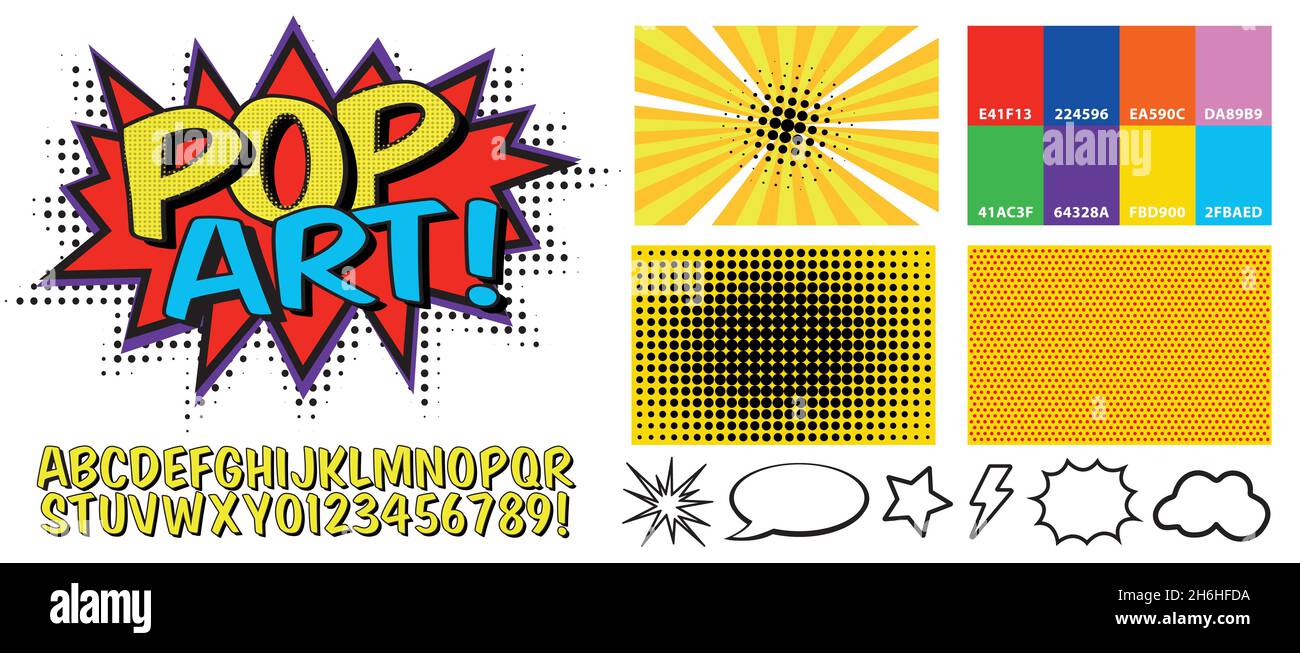Pop art font and background collection, in vector format Stock Vector