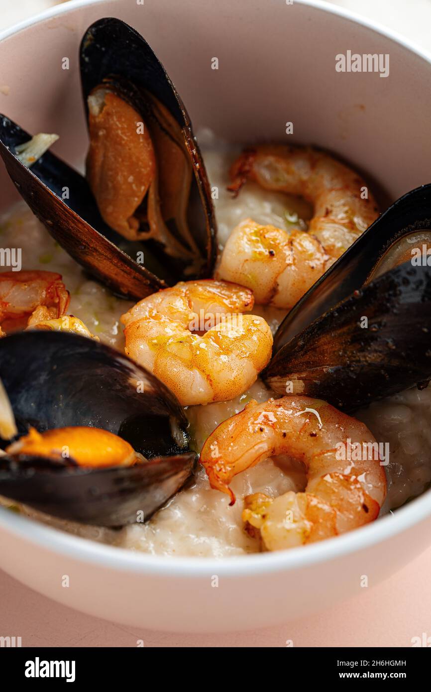 Closeup on seafood risotto with mussels and shrimp Stock Photo Alamy