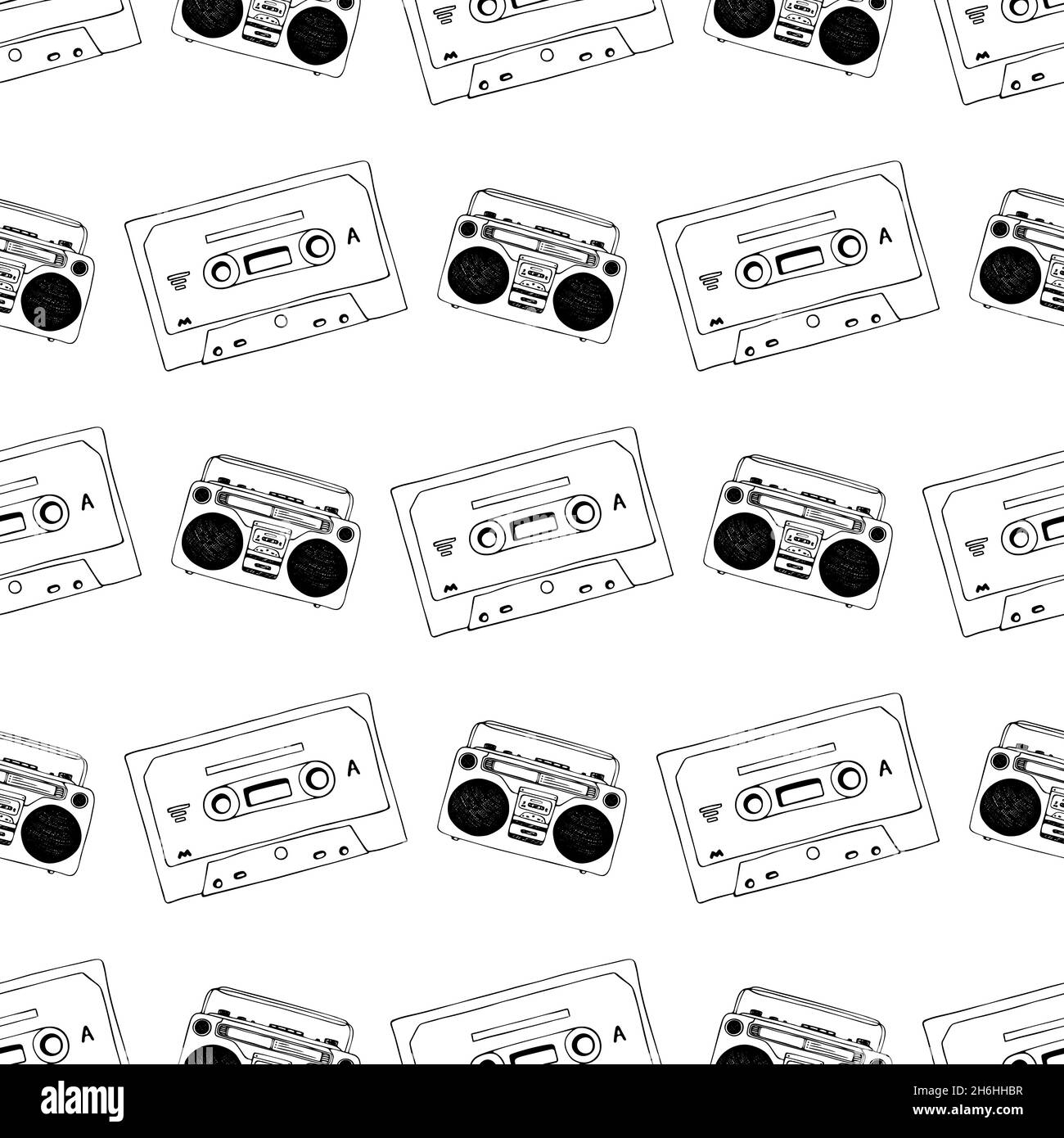 Hand drawn cassette, mixtape and vintage retro record player seamless pattern, black and white cartoon doodle background for music technology or audio equipment concept. Stock Vector