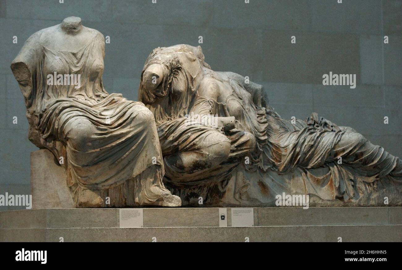 File photo dated 14/1/2004 of a Section of the Parthenon Marbles in London's British Museum. The Greek prime minister, Kyriakos Mitsotakis, is expected to challenge Prime Minister Boris Johnson over the return of the Parthenon Marbles to Greece when the pair meet on Tuesday. The leaders are unlikely to see eye to eye during their discussion in Downing Street over the status of the ancient sculptures removed from the Acropolis more than 200 years ago. Issue date: Tuesday November 16, 2021. Stock Photo