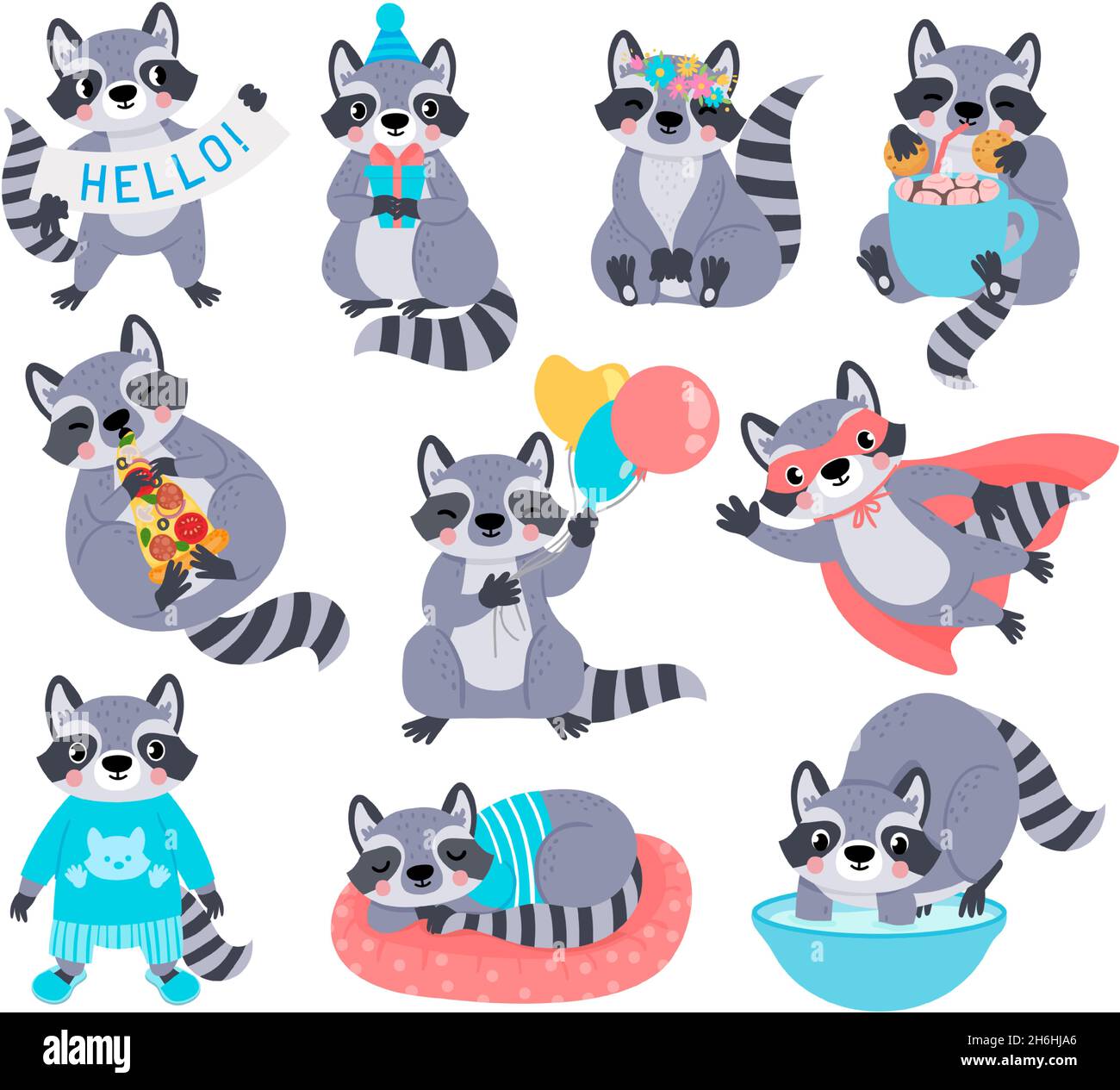 Happy raccoon mascot characters for kids birthday. Racoon superhero. Cute cartoon raccoons with balloon, eat pizza and wash hands vector set Stock Vector