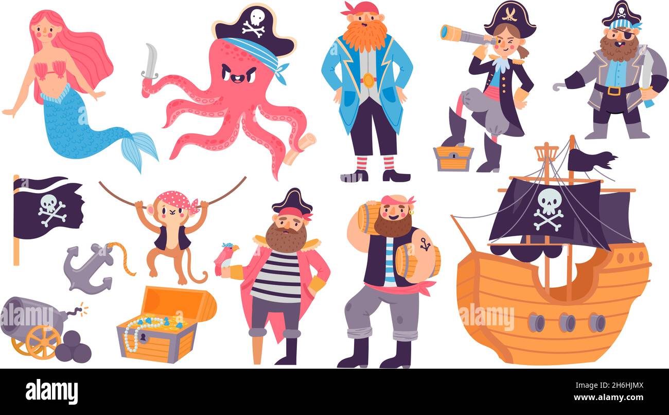 Cartoon pirate ship, treasure, character, animals and mermaid. Kid sea adventure elements, cannon, parrot, chest, anchor and flag vector set Stock Vector