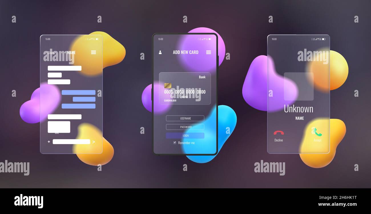 Glassmorphism 3d phone mockup with blurred abstract background. Smartphone transparent glass screen with chat, call and payment vector set Stock Vector