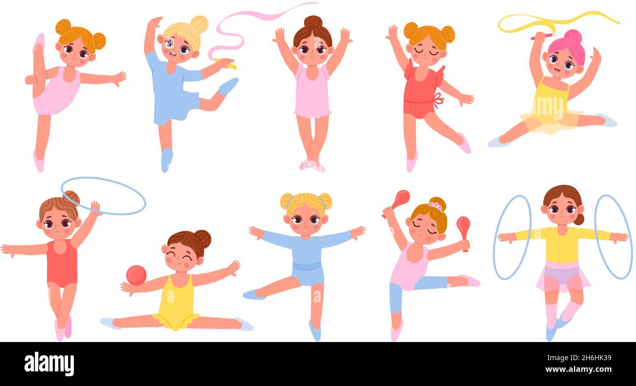Cartoon little gymnast girls with ribbons, ball and hoop. Kids gymnastics class competition. Gym sport and acrobatics exercises vector set Stock Vector