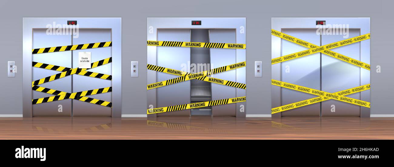 Realistic 3d broken elevators on repair with warning yellow tape. Metal lift door with dent. Closed damaged elevator with caution vector set Stock Vector