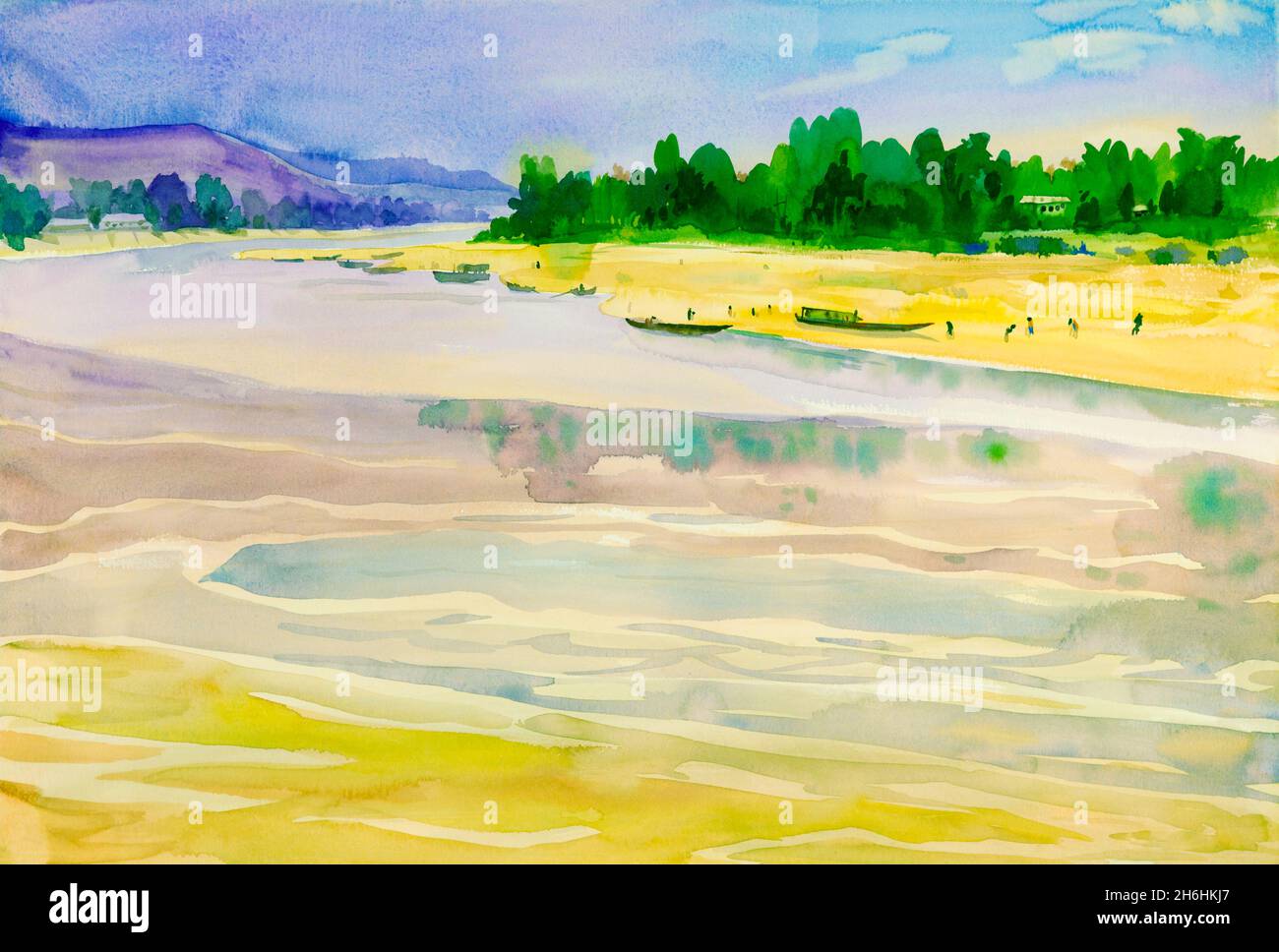Watercolor landscape original painting on paper colorful of Mekong River and mountain emotion in blue sky background Stock Photo