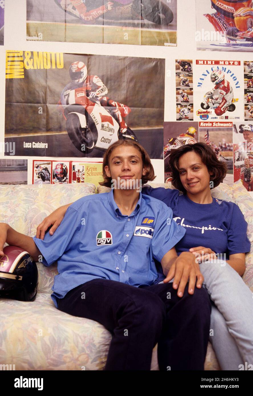 Milan, Italy. 15th Nov, 2000. Milan, archive of the 90s in the photo: Valentino  Rossi in a photo shoot in the early years of his career, in the photo with  his mother,