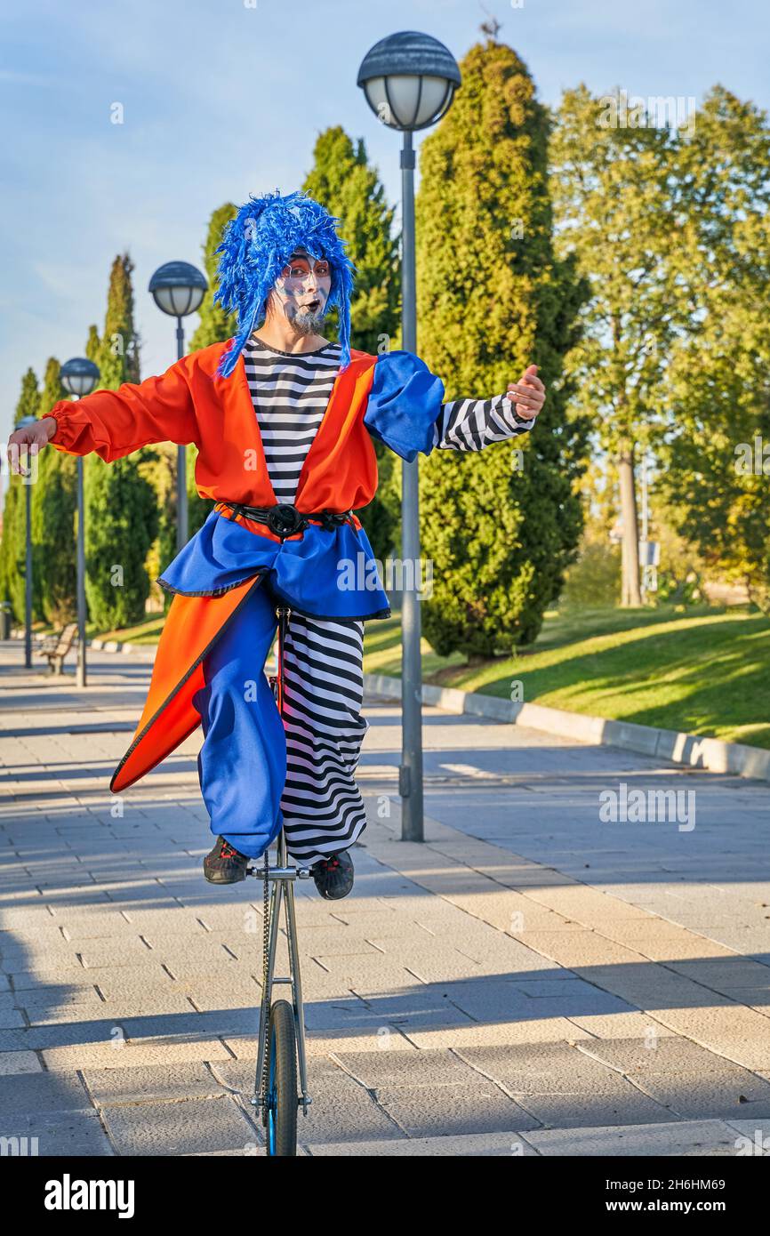 Full body of funny man in clown costume and wig, riding giraffe unicycle with outstretched arms on paved path in green park on sunny day Stock Photo