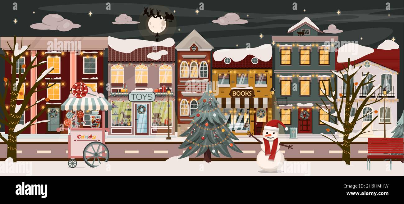 Vector winter street for Christmas. Cartoon illustration with a Christmas  tree, houses, a snowman and festive decorations. European cities on Stock  Vector Image & Art - Alamy