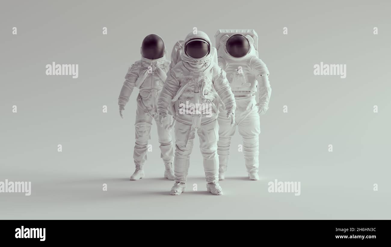 White Astronaut Cosmonaut with Black Visor Helmet Group of Three Spaceman Spacewoman Technology 3d illustration render Stock Photo