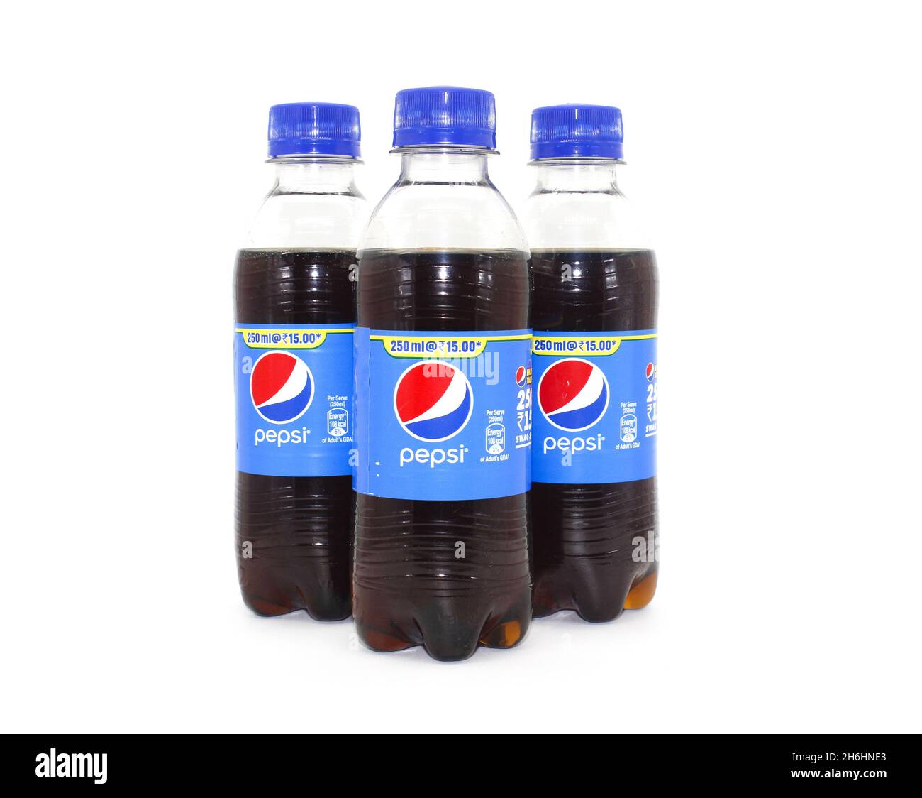 Noida , Utter pardesh , India - october 18 2021 , pepsi bottles , A picture of pepsi bottles on white background with selective focus in noida Stock Photo