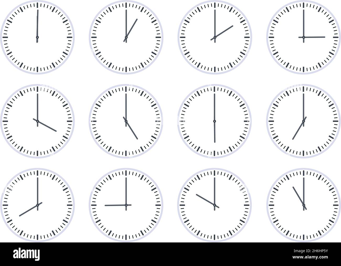 Analog circle clock show time every hour icon. Flat watch face with 12 oclock, timer animation. Wall clocks one to twelve hours vector set Stock Vector