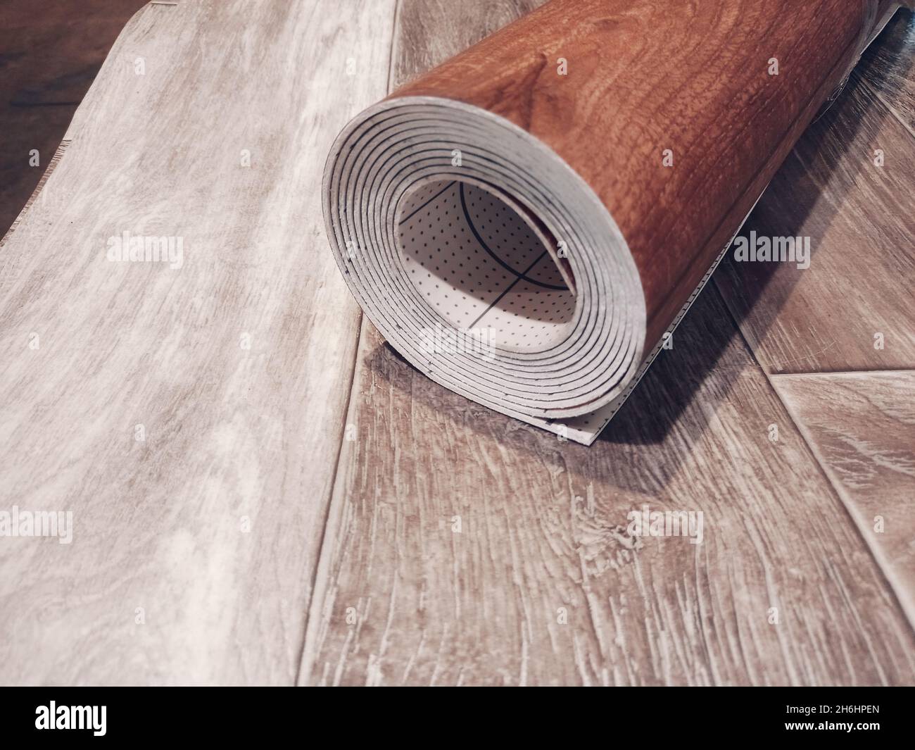 Linoleum. A roll of linoleum is in the flooring warehouse Stock Photo