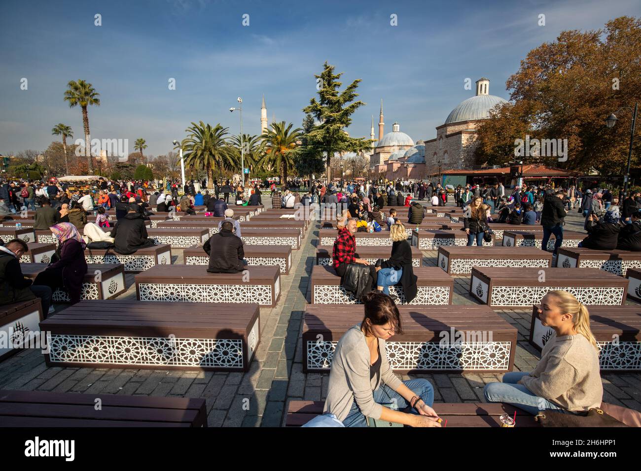 Istanbul, Turkey- Nov. 14, 2021: View of Hagia Sophia in Sultan Ahmet square. Many tourists and local people visit this square in order to see the his Stock Photo