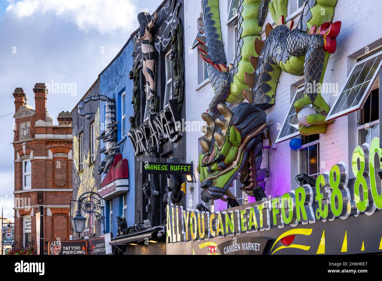 Colourful decorated shop fronts along Camden High Street, Camden Town, north London, England. Stock Photo