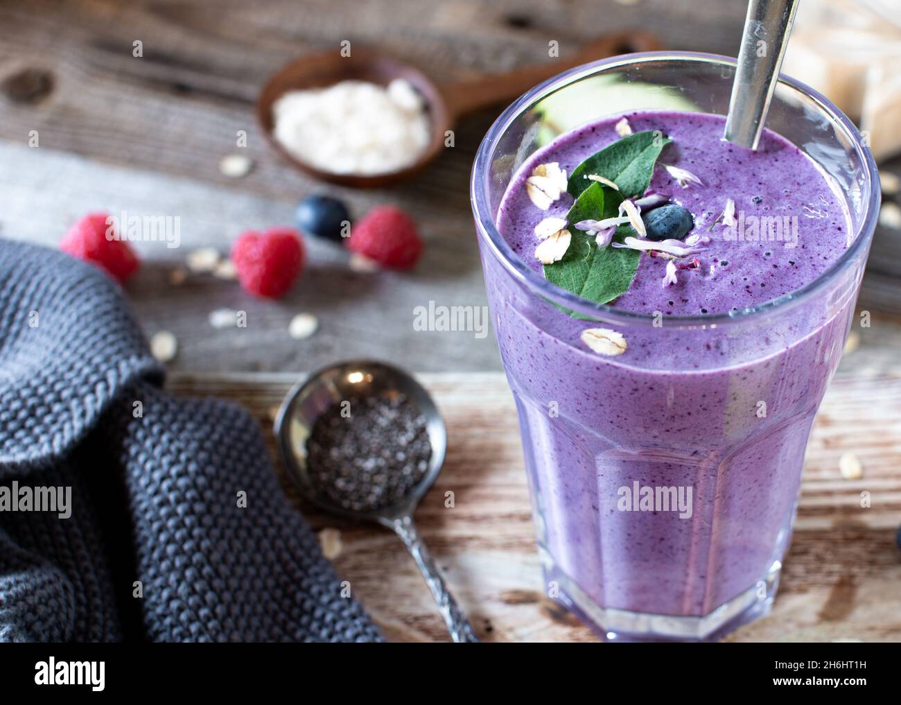 Healthy breakfast smoothie with fresh berries, whey protein, chia seeds