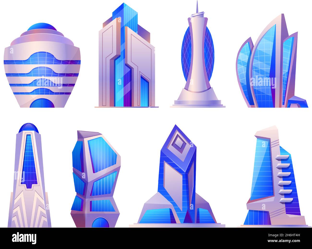 Future urban and alien city buildings, skyscrapers and office towers. Futuristic cyberpunk architecture, megalopolis skyscraper vector set Stock Vector