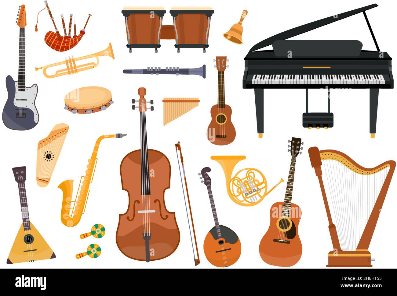 Cartoon classical music instruments, piano, trombone and harp. Folk orchestra equipment, tambourine, pipes, ukulele and guitar vector set Stock Vector