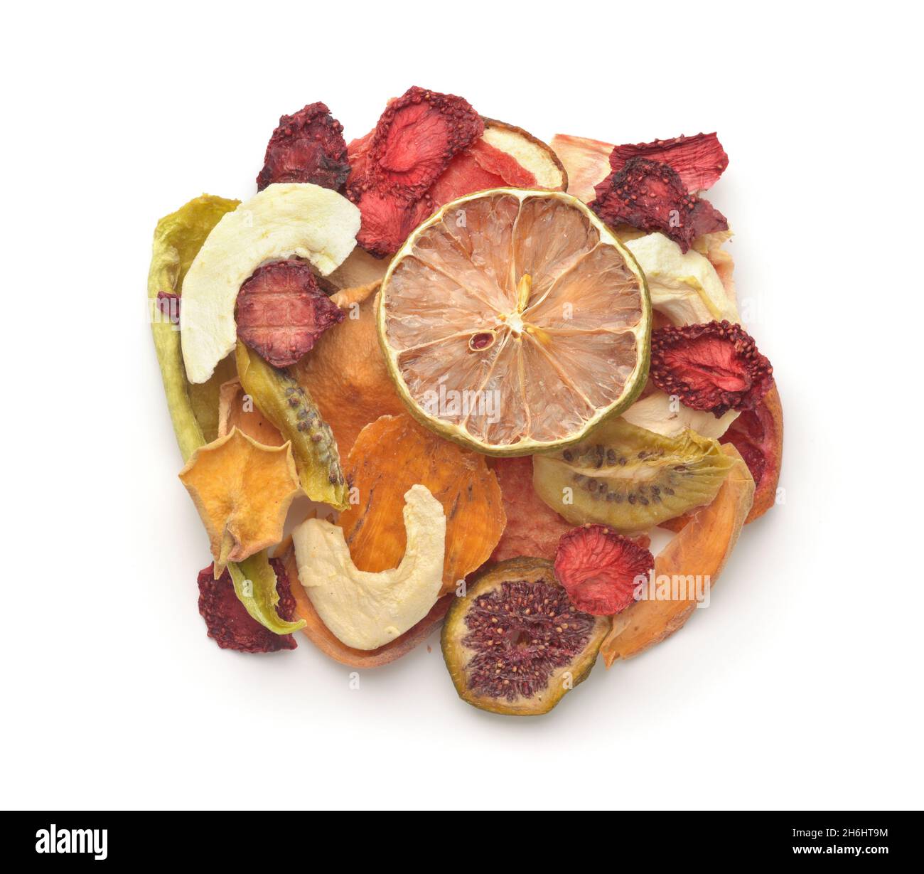 Top view of dried sliced assorted fruit and berries isolated on white Stock Photo
