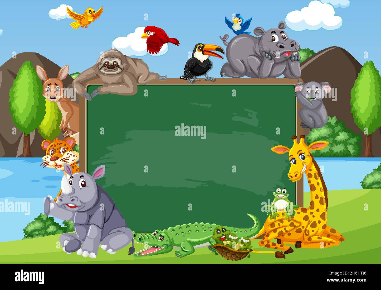 Empty blackboard with various wild animals in the forest illustration ...