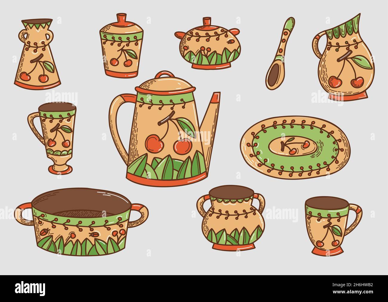 Ceramic kitchenware hand drawn vector doodle set Stock Vector