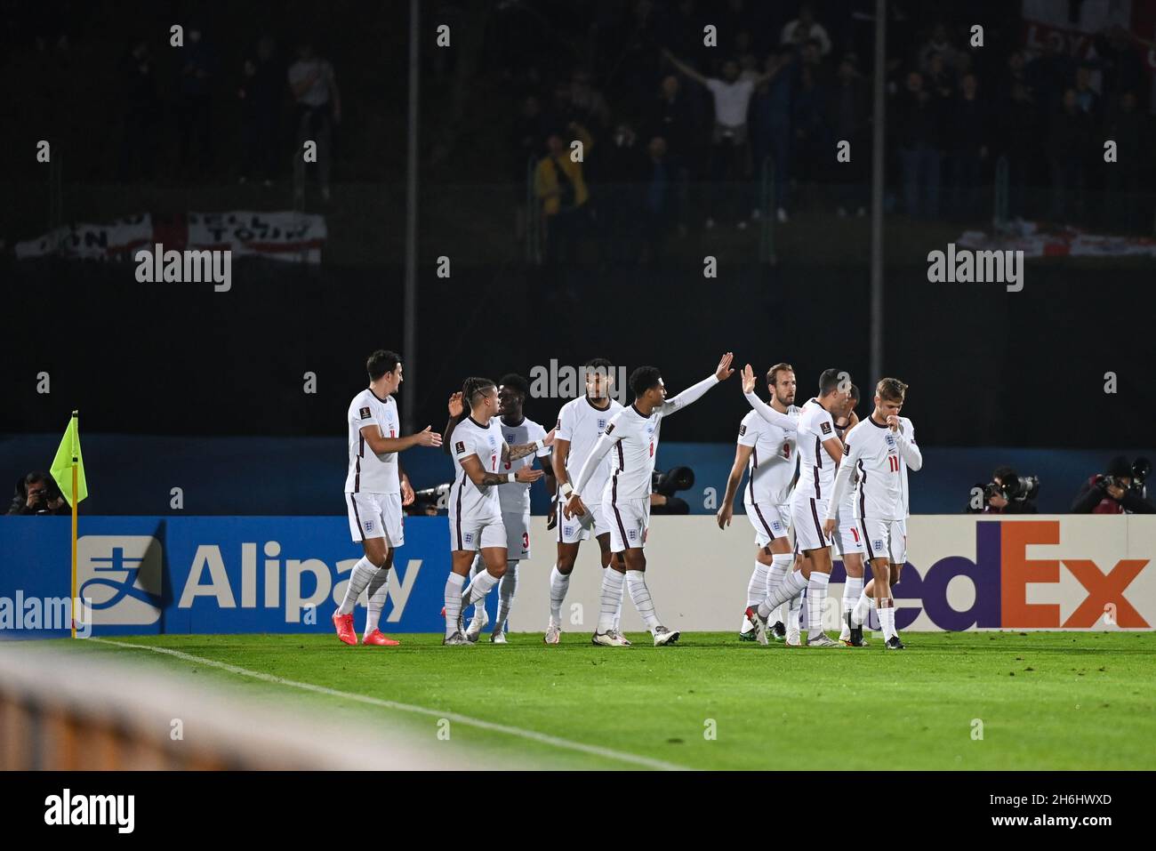 England team celebrating firts goal during Panamerican Tennis Center, FIFA World Cup in San Marino, Republic of San Marino, November 15 2021 Stock Photo