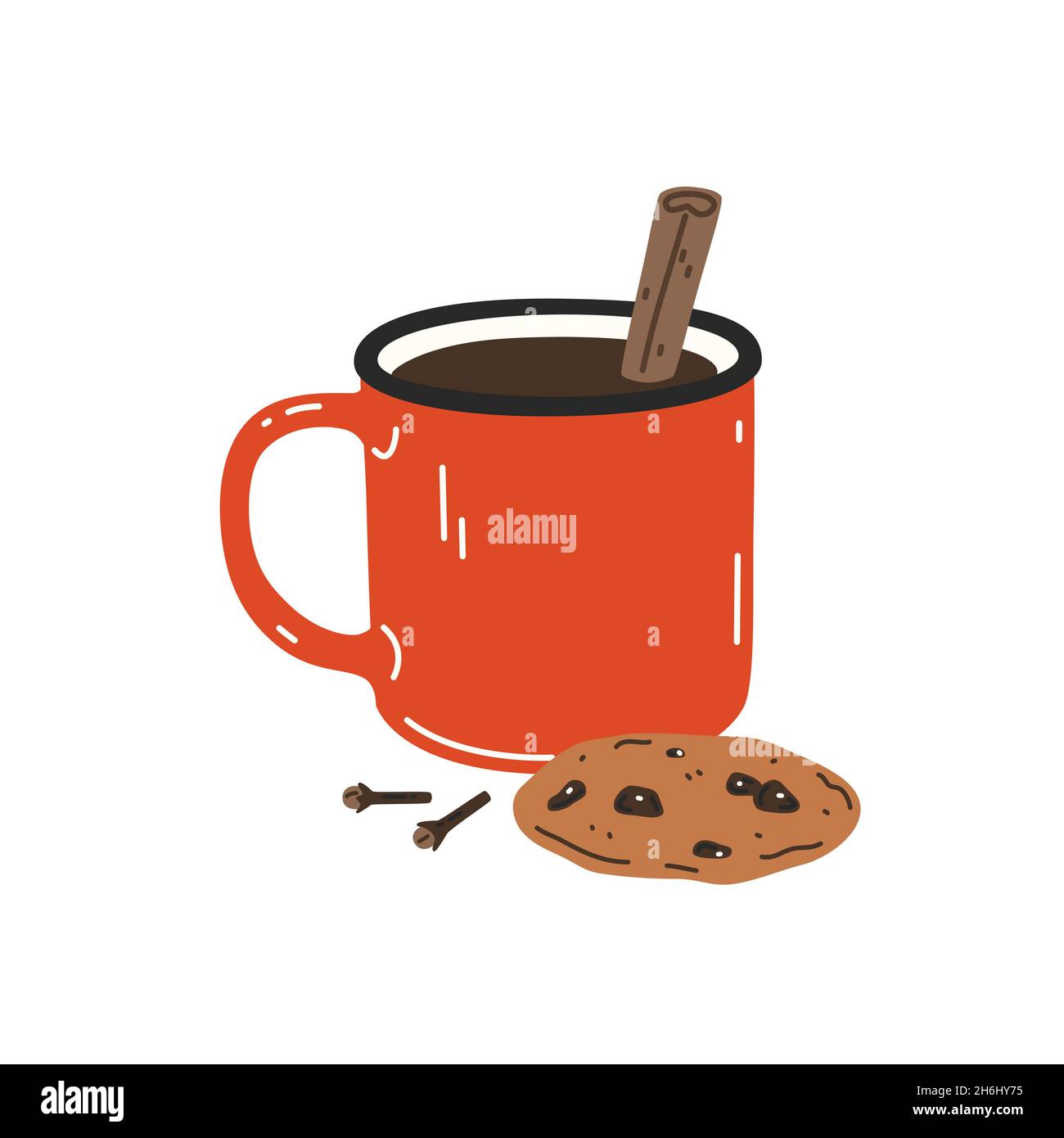 Warming drink with cinnamon stick and chocolate chip cookie in a red enamel mug Stock Vector