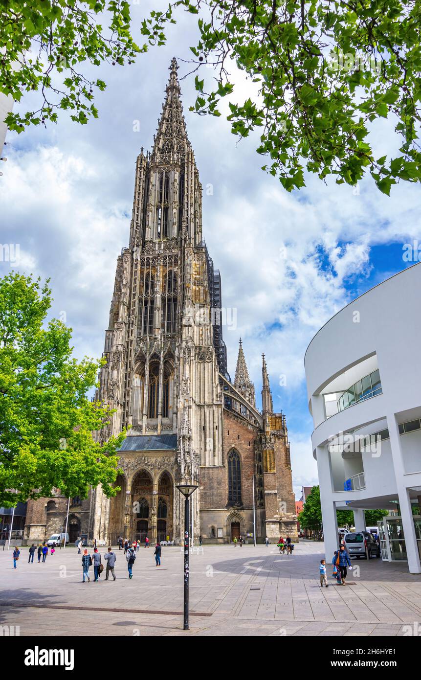 Ulm, Baden-Württemberg, Germany: Western view of the world-famous Minster with the highest steeple in the world, a cathedral which dates back to 1377. Stock Photo