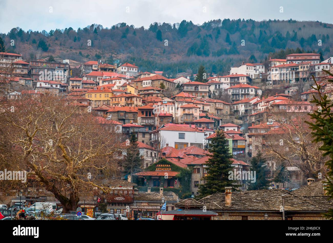 Metsovo, Greece, the beautiful town of Epirus located in the mountains of Pindus  in short distance from Ioannina and Meteora. Stock Photo