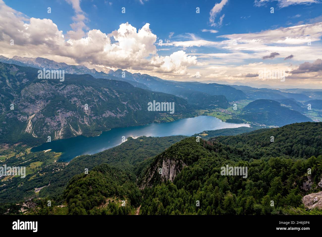 Beautiful aerial view of Lake Bohinj in Slovenia Stock Photo