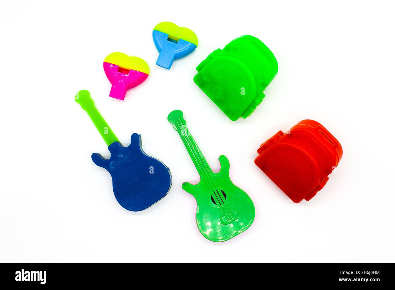Toys on white background with selective focus Stock Photo