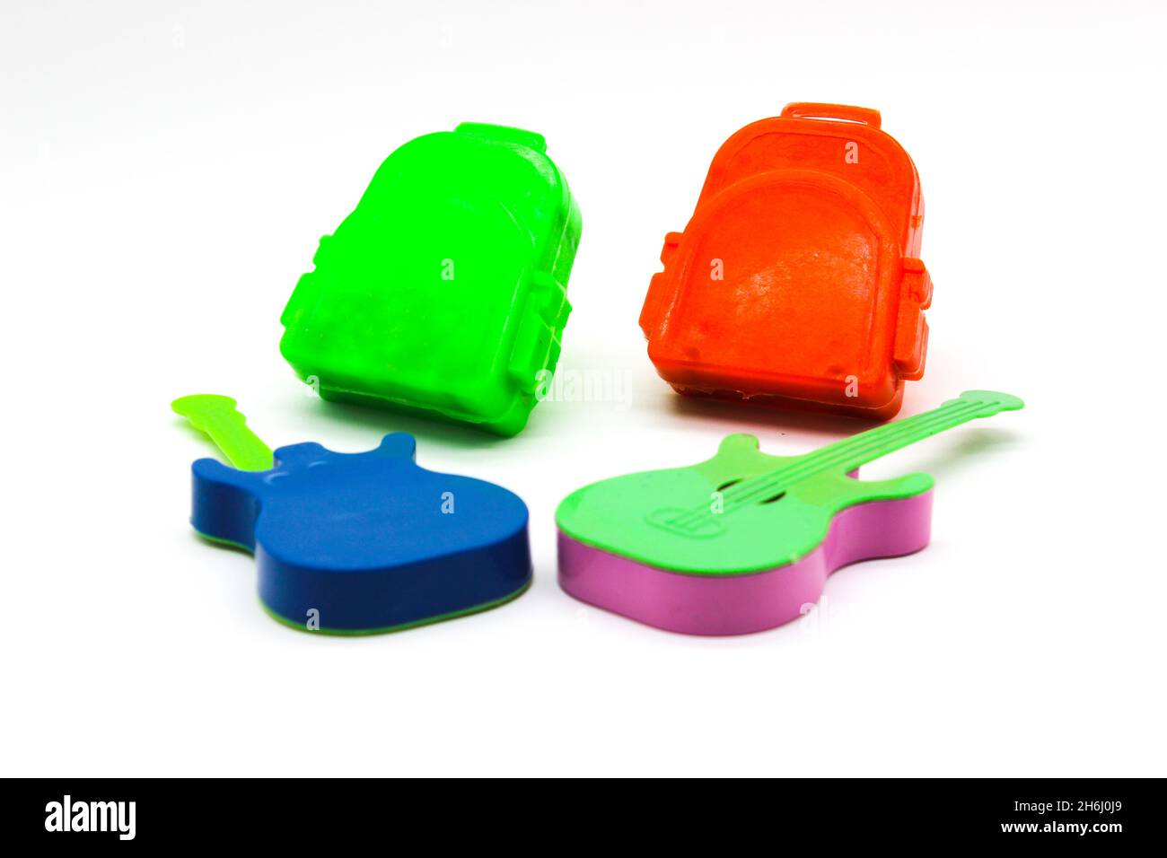 Toys on white background with selective focus Stock Photo