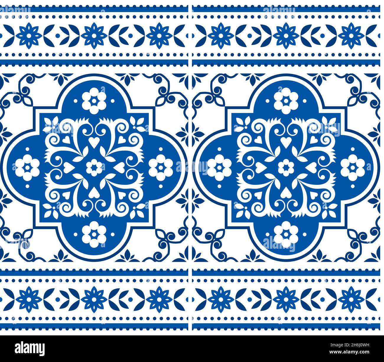 Azulejo tiles seamless vector pattern in navy blue and white with a frame, traditional floral design inspired by tile art from Lisbon, Portugal Stock Vector