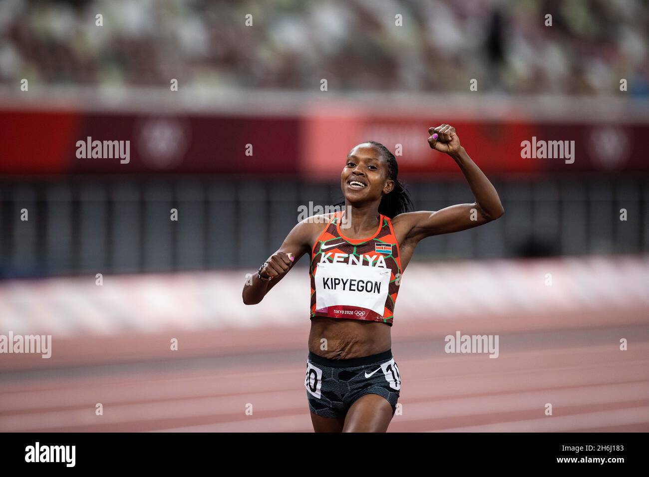 Faith Kipyegon of Kenya wins the 1500m final in the 2020 Tokyo Olympic Games. Stock Photo